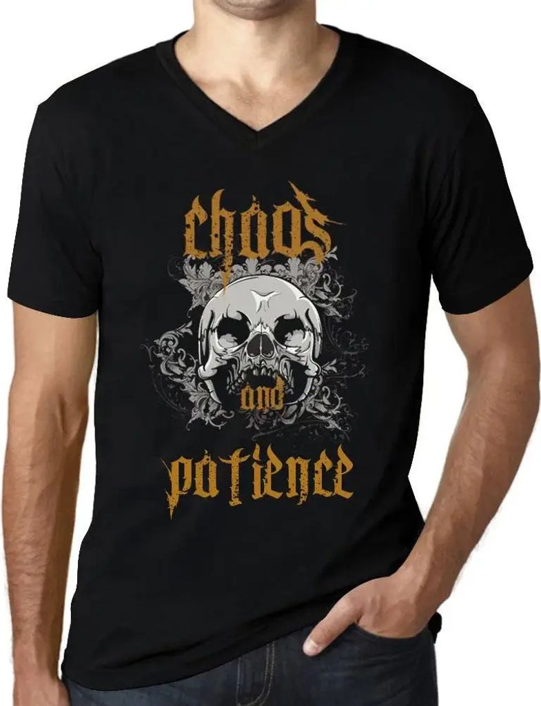 Herren Grafik T-Shirt V-Ausschnitt Chaos und Geduld – Chaos And Patience – Öko-Verantwortlich Vintage Jahrgang Kurzarm Lustige Druck Geburtstag