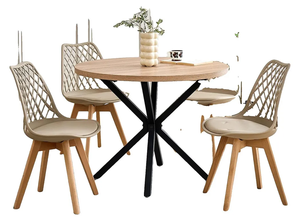 Table ronde beige et 4 chaises rembourrées pour salle à manger moderne