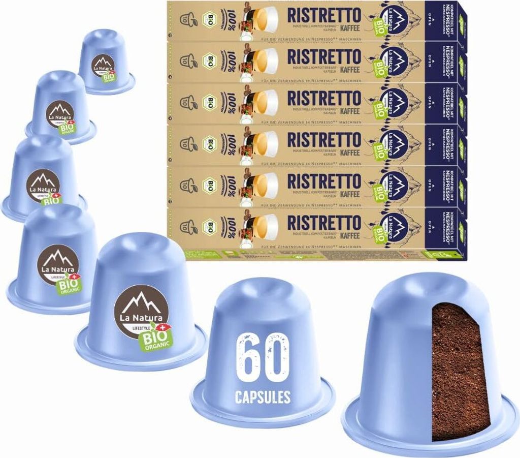 Ristretto Kaffee - 60 Kaffeekapseln | La Natura Lifestyle Organic 306g| biobasiert | Nespresso *³ kompatible