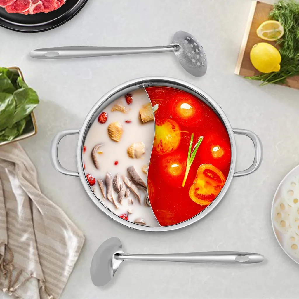 Pentola A Doppio Scomparto In Acciaio Inox Da 28 Cm, Pentola Per Zuppe Due Sapori, Shabu Shabu, Adatta A Induzione E Gas, Ideale Per Cene E Feste