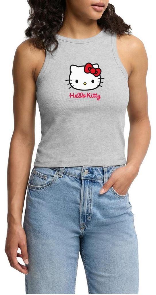 Spreadshirt Hello Kitty Klassisch Mit Schriftzug Cropped Frauen Organic Tank Top, XL, Grau meliert