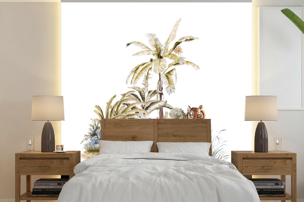 MuchoWow Fototapete für Wohnzimmer oder Schlafzimmer Wandtapete Vinyl Motivtapete Tiger - Pflanzen - Baum - 300x300 cm - Wanddekoration