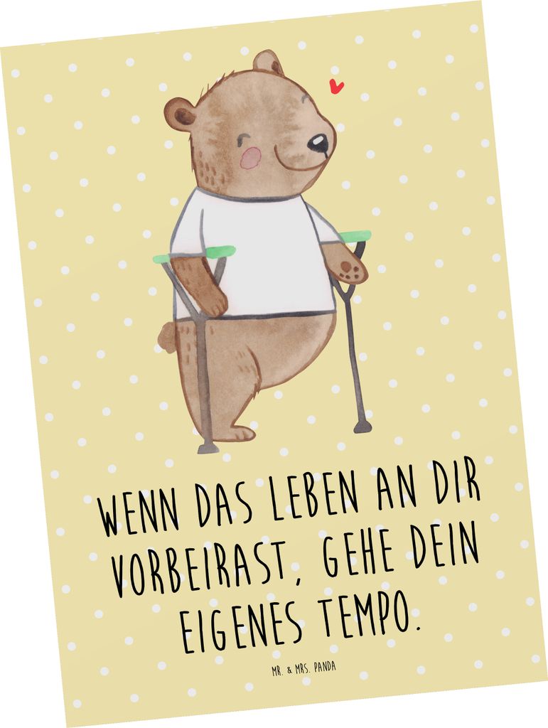 Mr. & Mrs. Panda Postkarte Bär Beinamputation - Gelb Pastell - Geschenk, Ansichtskarten, Fotokarte, Amputation, Grußkarte, Postkarten, bildkarte