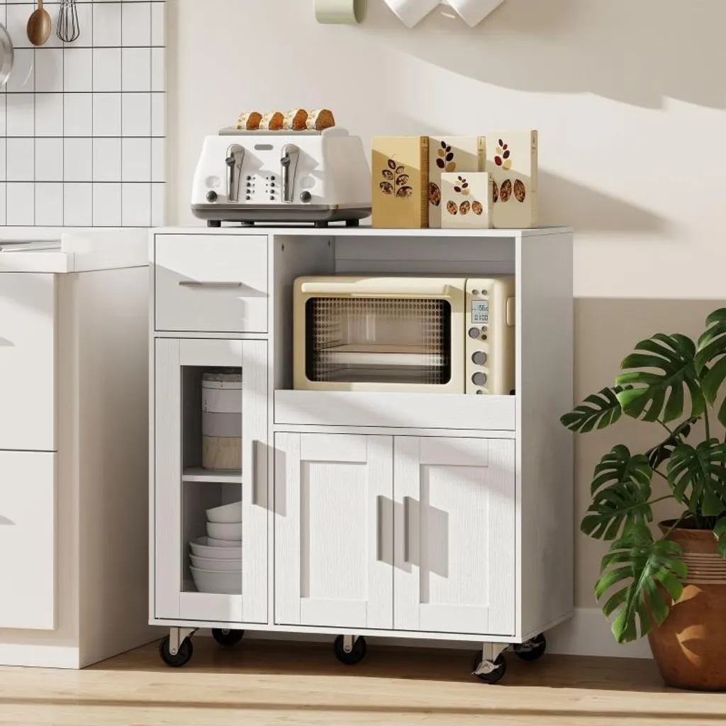 Desserte de cuisine blanche Fortuna Lai, commode mobile multi-rangements - 2