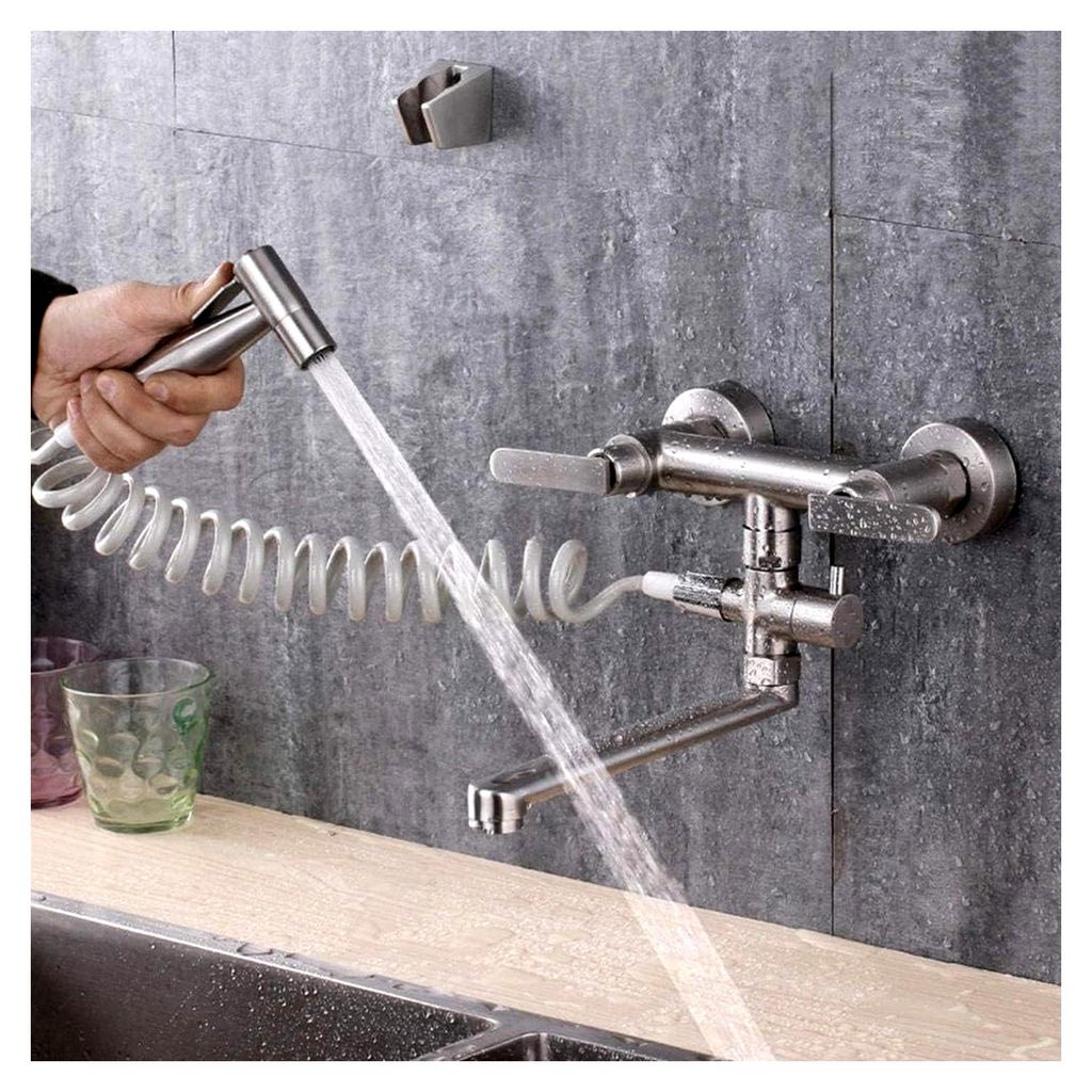 Wandmontierte Sprühpistole, 304 Edelstahl, heißer und kalter Wasserhahn, Multifunktionszug
