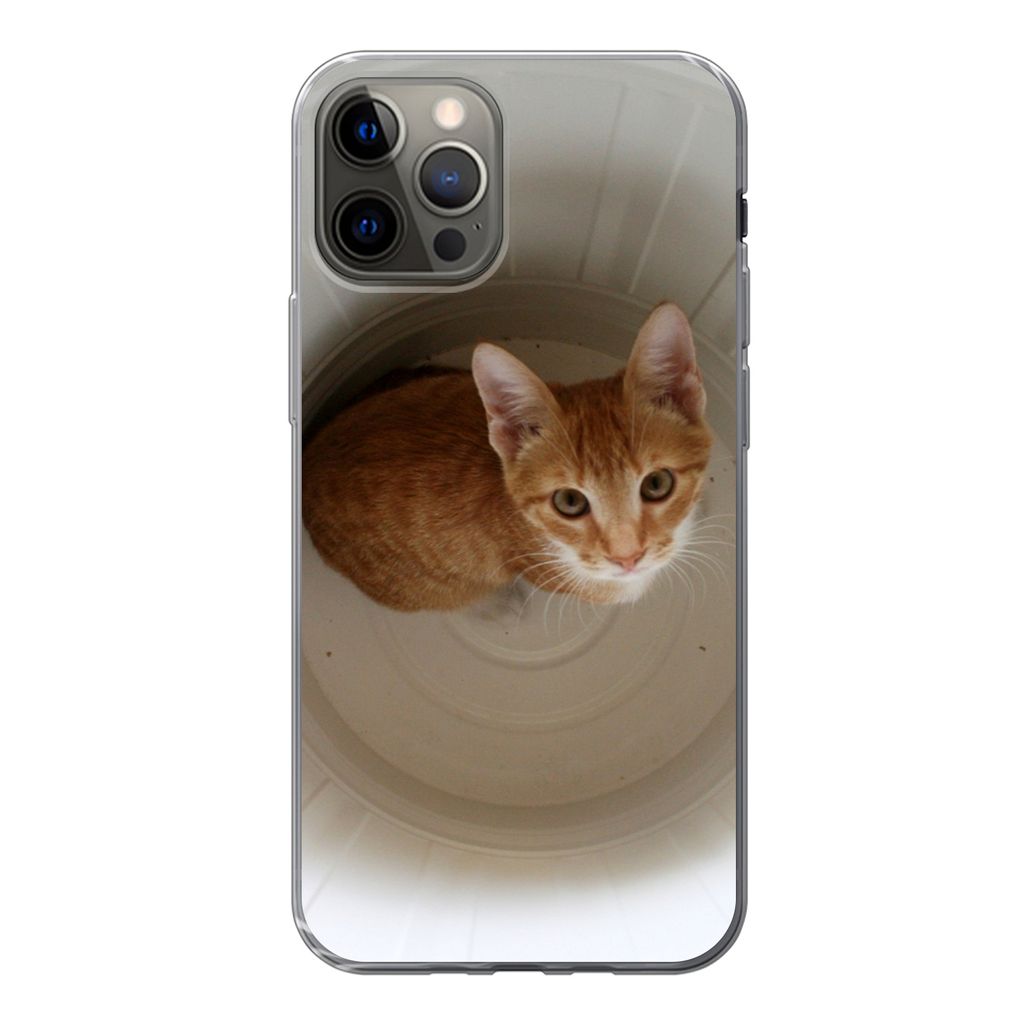 MuchoWow Handyhülle Schutzhülle Hülle für iPhone 12 Pro Katze - Mülleimer - Weiß Silikon Softcase Handy Hülle - Abdeckung