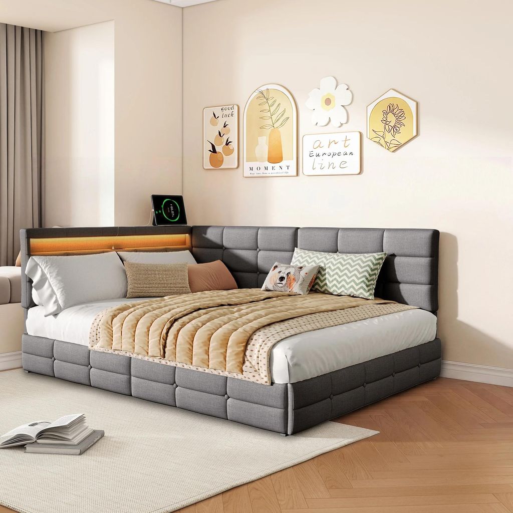 Polster Schlafsofa Bett - Einzelbett Jugendbett - 140x190 cm - 2 Schubladen Stauraum - LED Beleuchtung - USB Ladestation - Samt - Grau