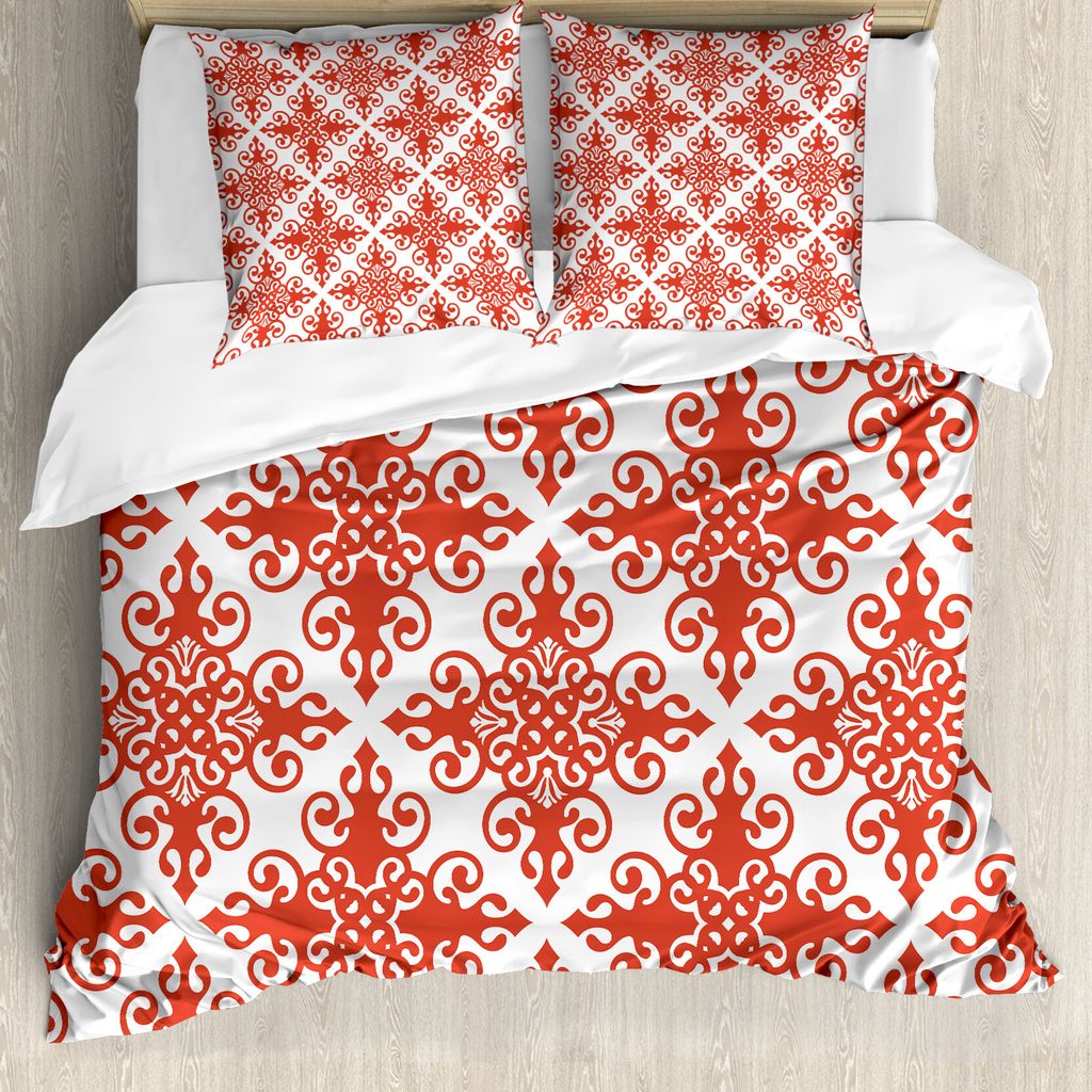 ABAKUHAUS rot Bettbezug, West Scroll Ornament, Milbensicher Allergiker geeignet mit Kissenbezügen, 200 cm x 200 cm - 80 x 80 cm, rot-Weiss