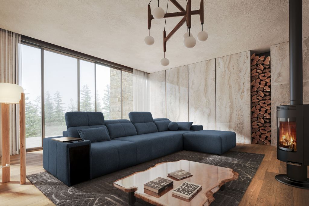 Kaiser Möbel Ecksofa mit Schlaffunktion, USB und verstellbarer Rückenlehne Mindy XII, Stoff Verita Blau Rechts