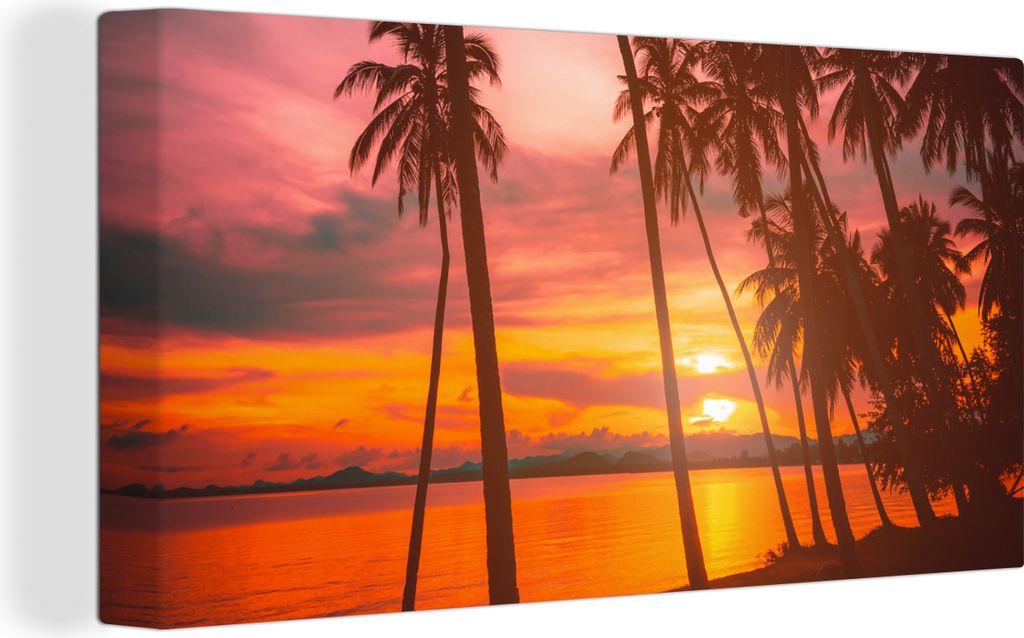 OneMillionCanvasses - Leinwandbilder - Bild auf Leinwand Wandbild Leinwandbild Meer - Palme - Sonnenuntergang - Strand - Silhouette, 40x20 cm, Ku...