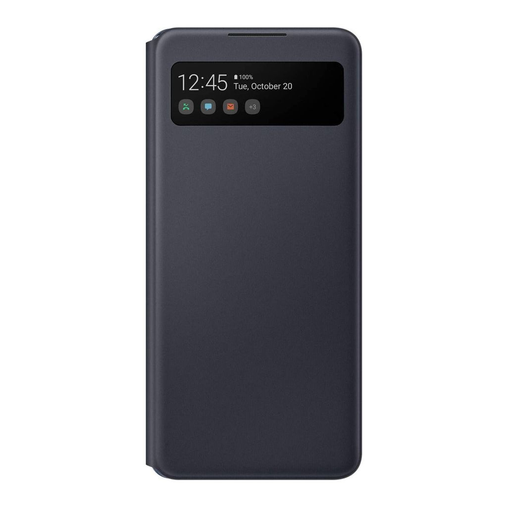 A dark gray flip case for a smartphone, shown closed and upright against a white background. The case has a transparent window on the front cover displaying the phone's screen with the time, date, and app icons.