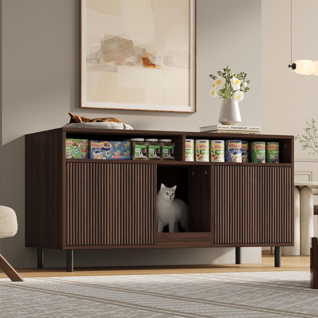 A modern wooden sideboard with a cat inside, used as a pet furniture piece.