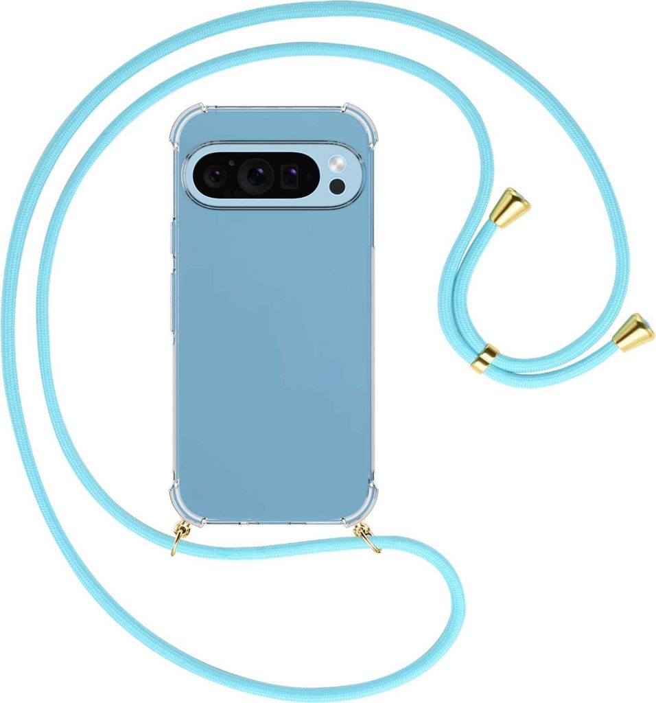 Handykette Backcover-Schutzhülle mit Band (Metall goldfarben) für Google Pixel 9 - himmelblau