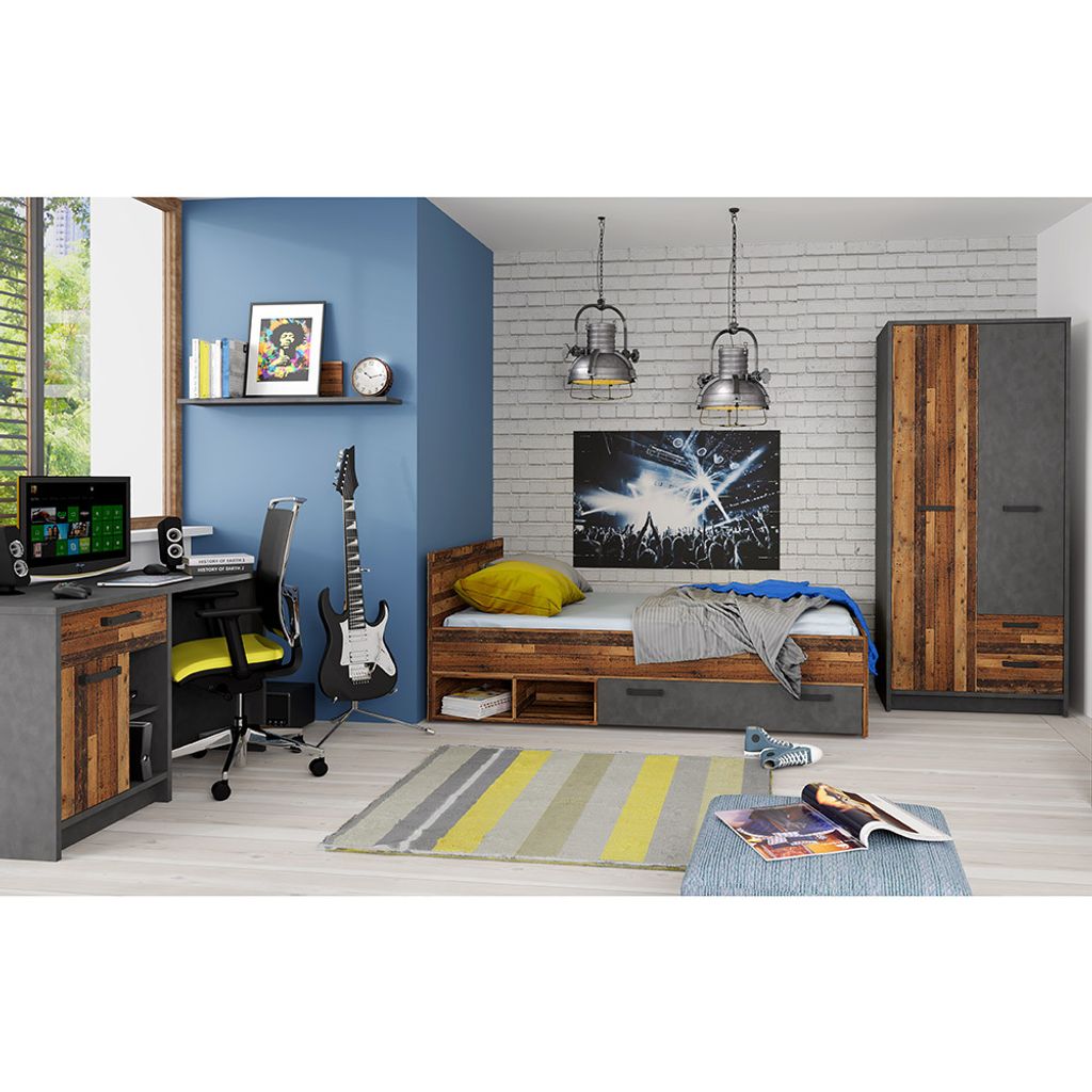 Jugendzimmer Komplett-Set NELSON-129 mit Bett 90x200 in grau mit Holz