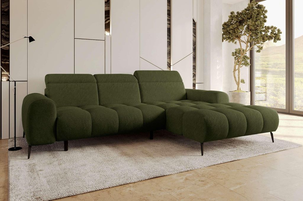 99rooms Milano Ecksofa Chenille APHRODITE Olive Rechts mit Sitztiefenverstellung