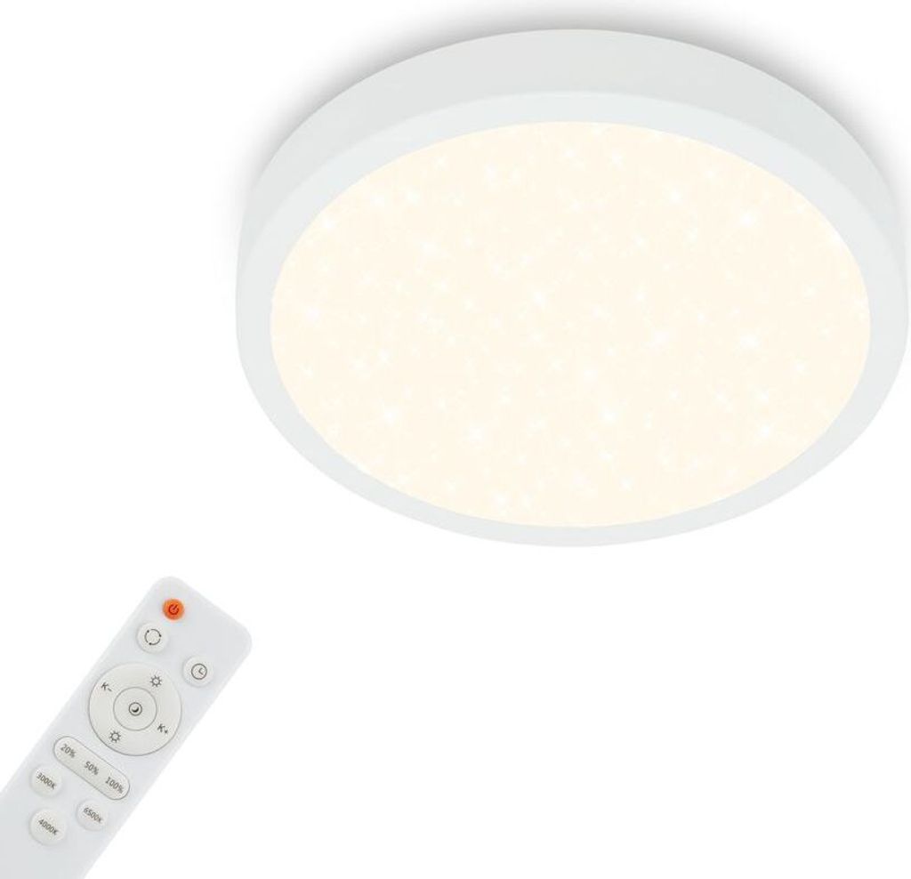 A white LED ceiling light with a remote control on a white background.