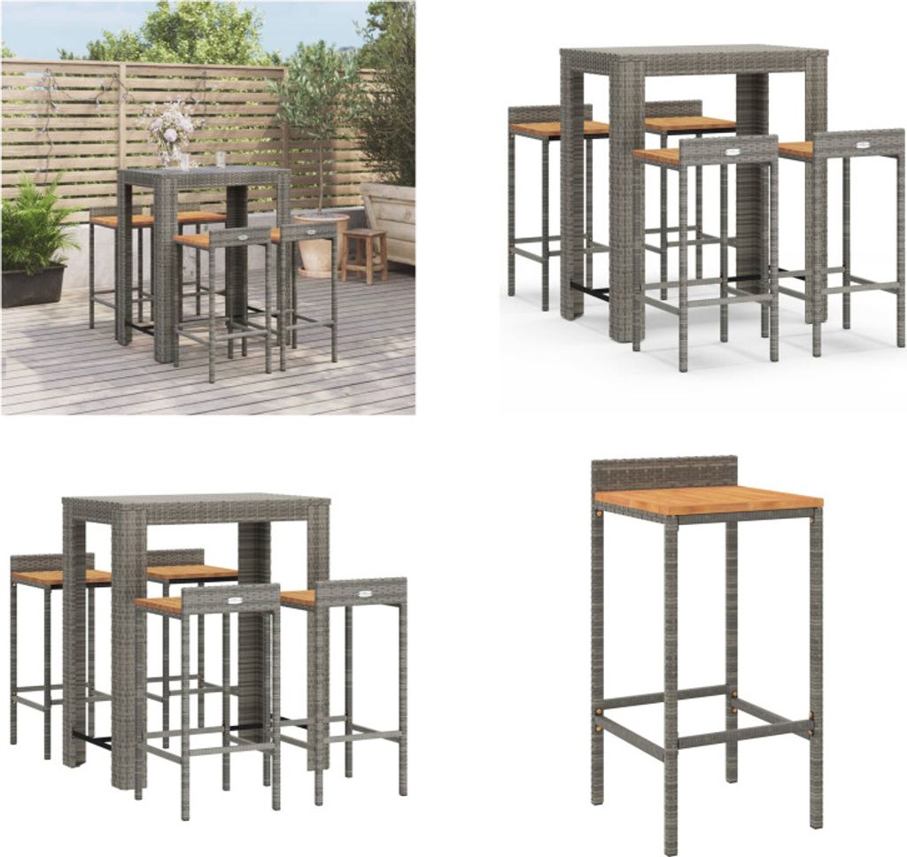 vidaXL 5 tlg. Gartenbar Set Grau Poly Rattan & Massivholz Akazie - Gartenbar Set - Gartenbar Sets - Garten Bar Set - Gartenbar