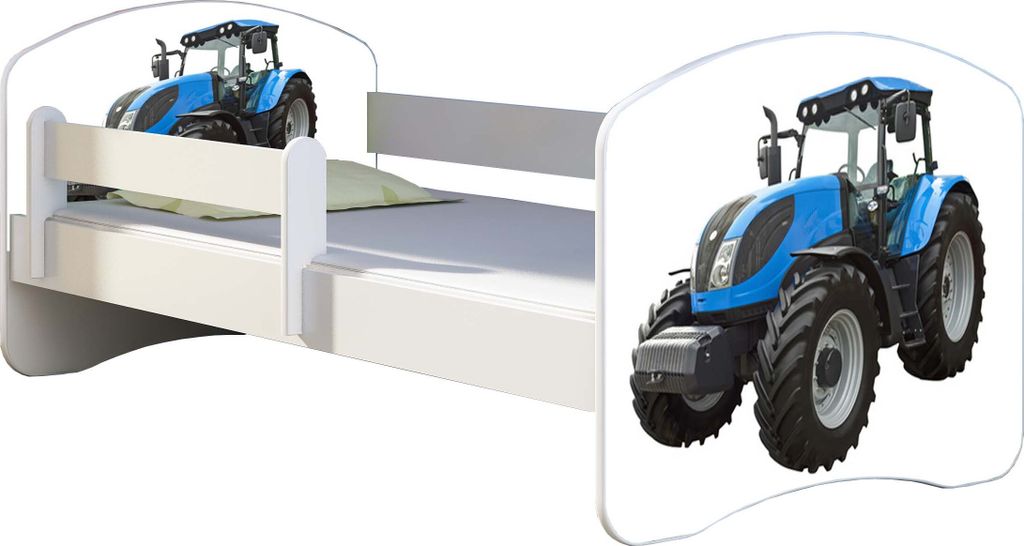 ACMA Jugendbett Kinderbett Junior-Bett Komplett-Set mit Matratze Lattenrost und Rausfallschutz Weiß 42 Traktor 160x80
