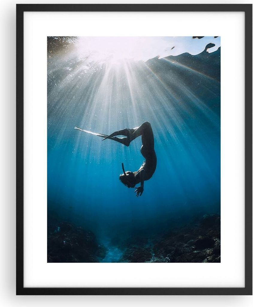 Gerahmtes Poster - Schwarzer Rahmen - Flossen Boden Taucher - 40x50 cm - Wand Bild - Wanddeko - Wandbilder - Kunstposter - Wandposter - Bilderrahme...