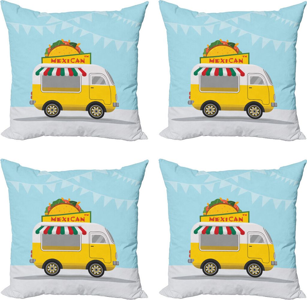 ABAKUHAUS Vintage Trucks Kissenbezug Set (4 Stück), Mexican Food Van, Moderner Doppelseitiger Digitaldruck, 40 cm x 40 cm, Hellblau und Multicolor