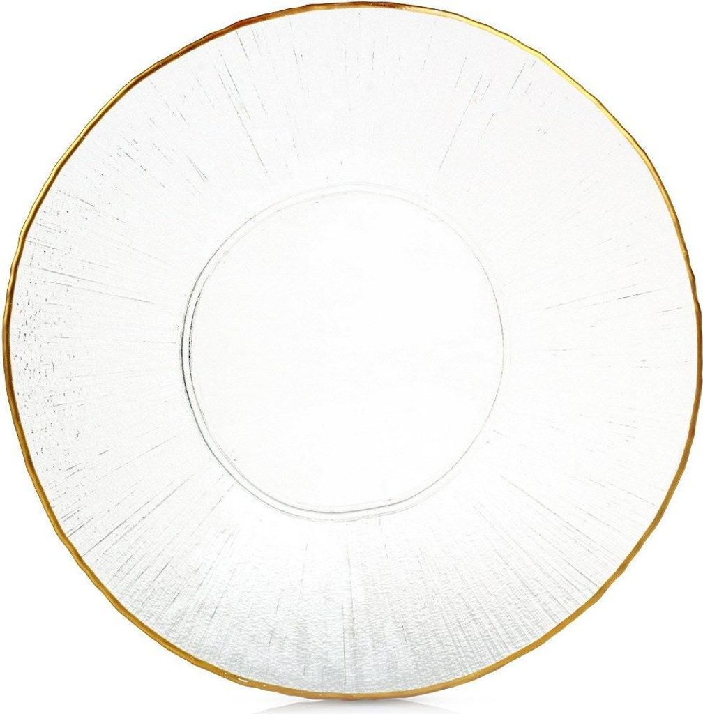 A single, clear glass plate with a gold rim, shown from a top-down perspective against a white background.