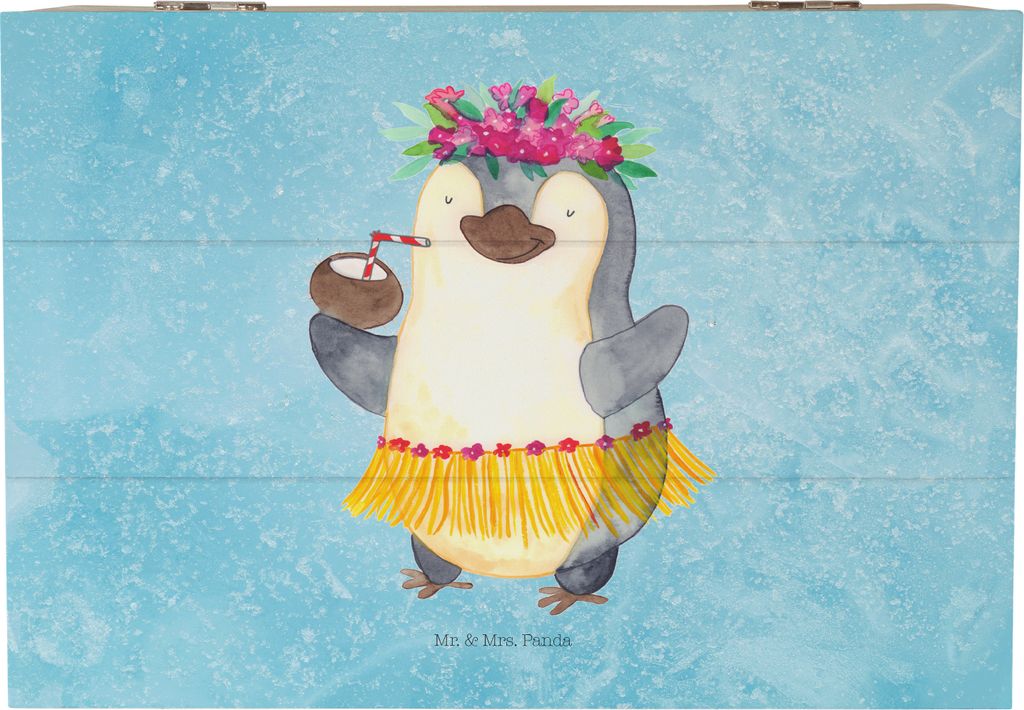 Mr. & Mrs. Panda holzschatulle Pinguin Kokosnuss 22 x 15 cm - Eisblau - Geschenk, geschenkkiste, Urlaub, Box, truhe holz, Hawaii, Kiste, Erholt, Ge...