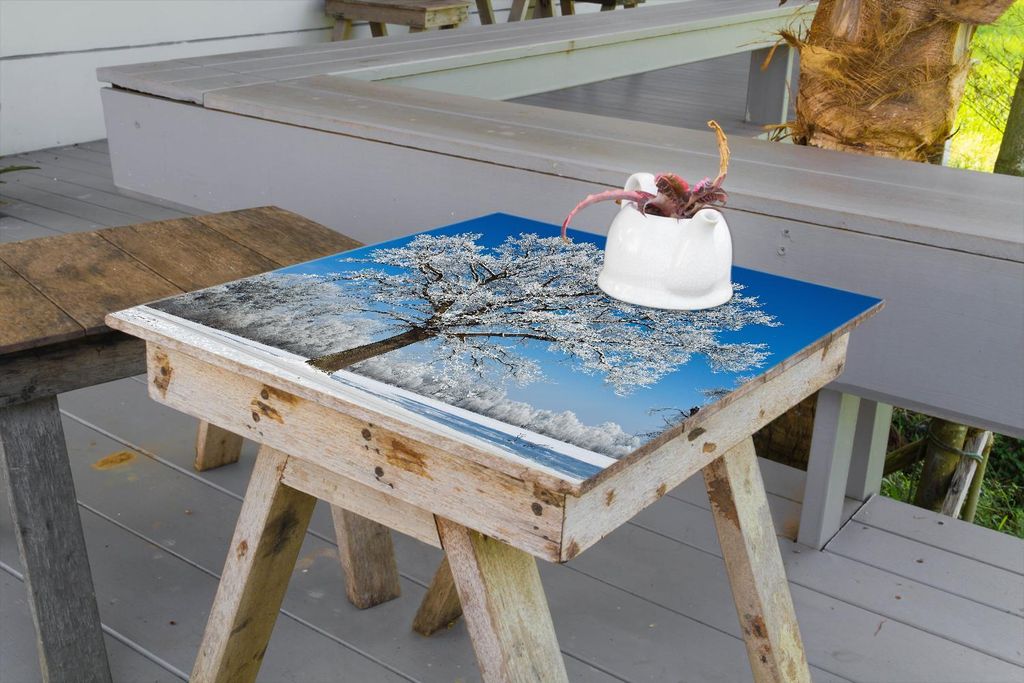 Wallario selbstklebende Möbelfolie/ Tischdecke für Innen und Außen, Größe: 80 x 80 cm - Schneebedeckter Baum mit blauen Himmel