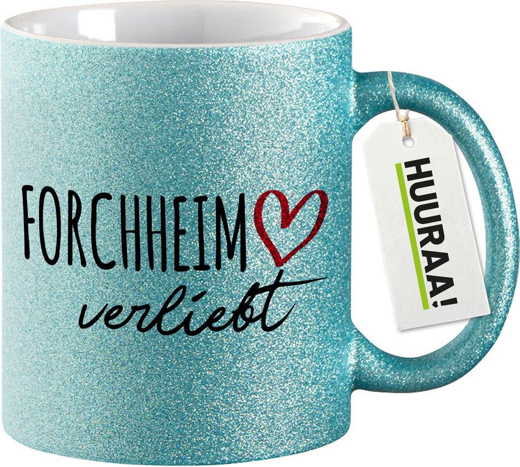 Huuraa Glitzertasse Forchheim verliebt 330ml Blau Keramik Kaffeebecher Geschenkidee