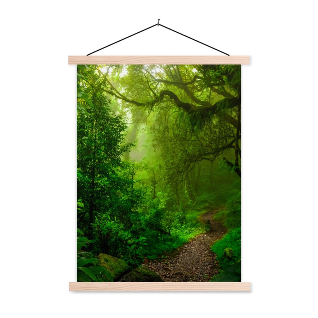 MuchoWow Textilposter Landschaft - Dschungel - Tropisch - Sonne - Grün 60x80 cm mit holzfarbenen Rahmen - Wandbild