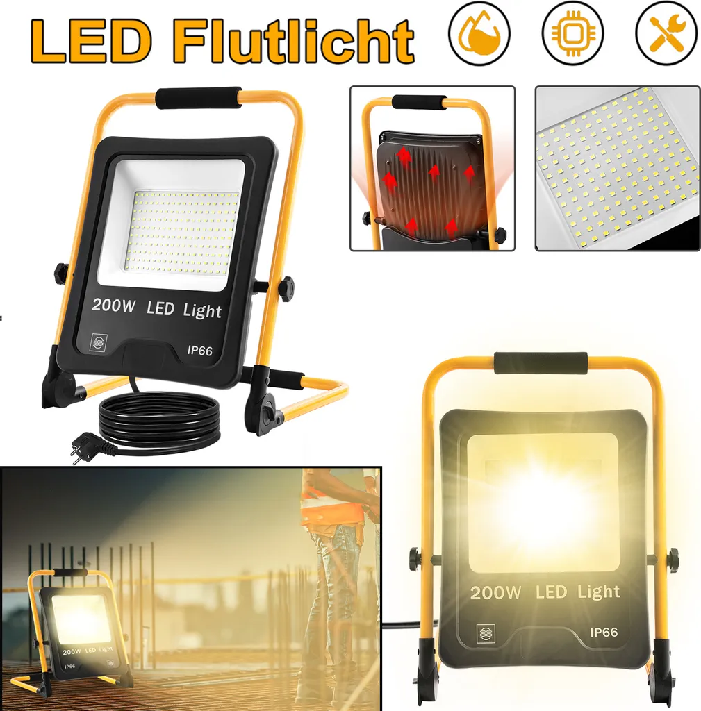 Projecteur LED 200W NAIZY blanc chaud avec trépied IP66 et prise