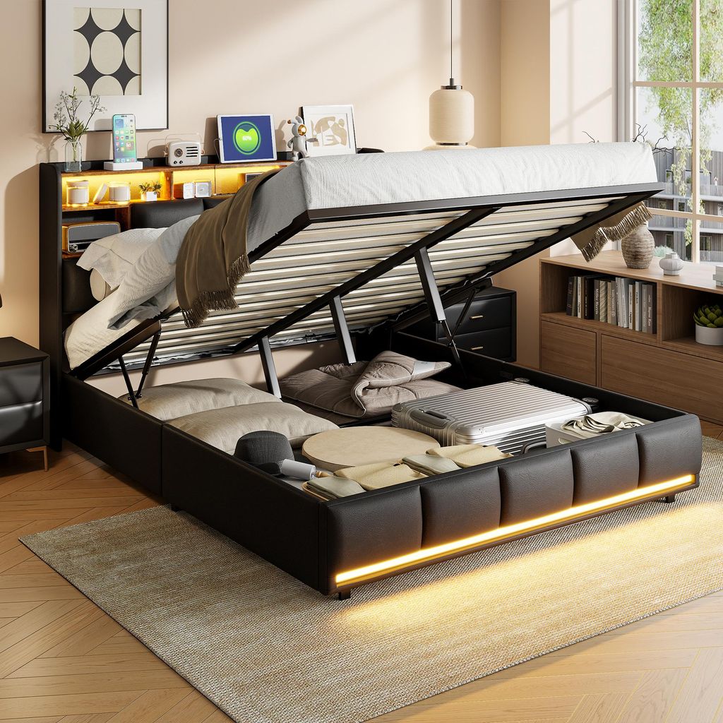 UnboxG Hydraulisch Stauraumbett 140×190cm, Polsterbett Doppelbett mit LED und USB-Ladefunktion, Funktionsbett Bettgestell mit Stauraum und Lattenr...