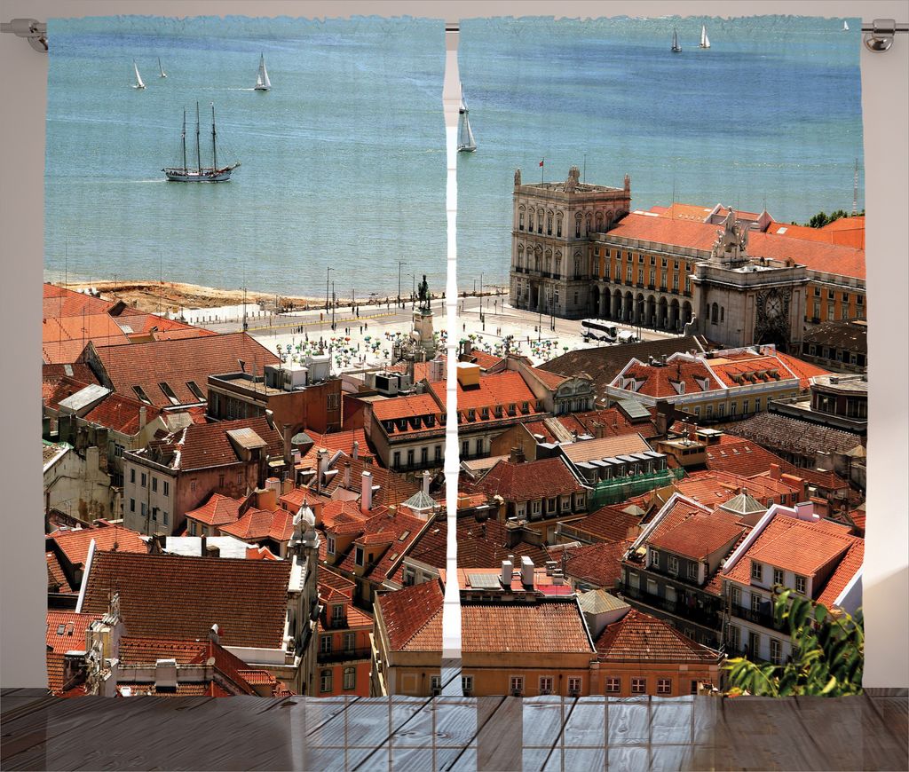 ABAKUHAUS Bunt Rustikaler Vorhang, Nostalgische Lissabon Stadt, Wohnzimmer Universalband Gardinen mit Schlaufen und Haken, 280 x 245 cm, Mehrfarbig