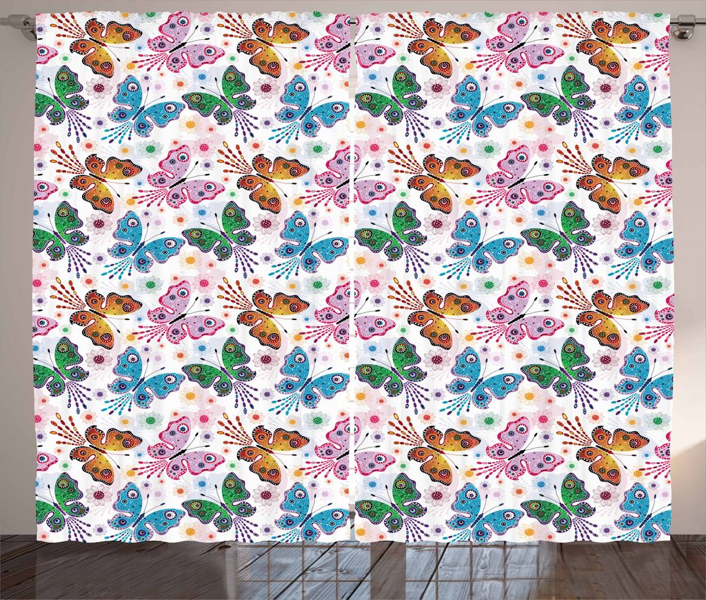ABAKUHAUS Schmetterling Rustikaler Gardine, Floral Vibrierende ethnische, Schlafzimmer Kräuselband Vorhang mit Schlaufen und Haken, 280 x 245 cm, ...