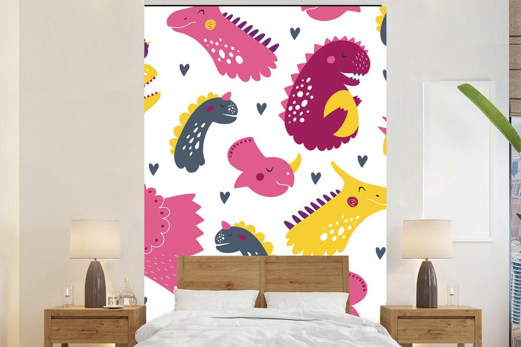MuchoWow Fototapete für Wohnzimmer oder Schlafzimmer Wandtapete Vinyl Motivtapete Dino - Muster - Kind - Rosa - Mädchen - 155x240 cm - Kinderta...