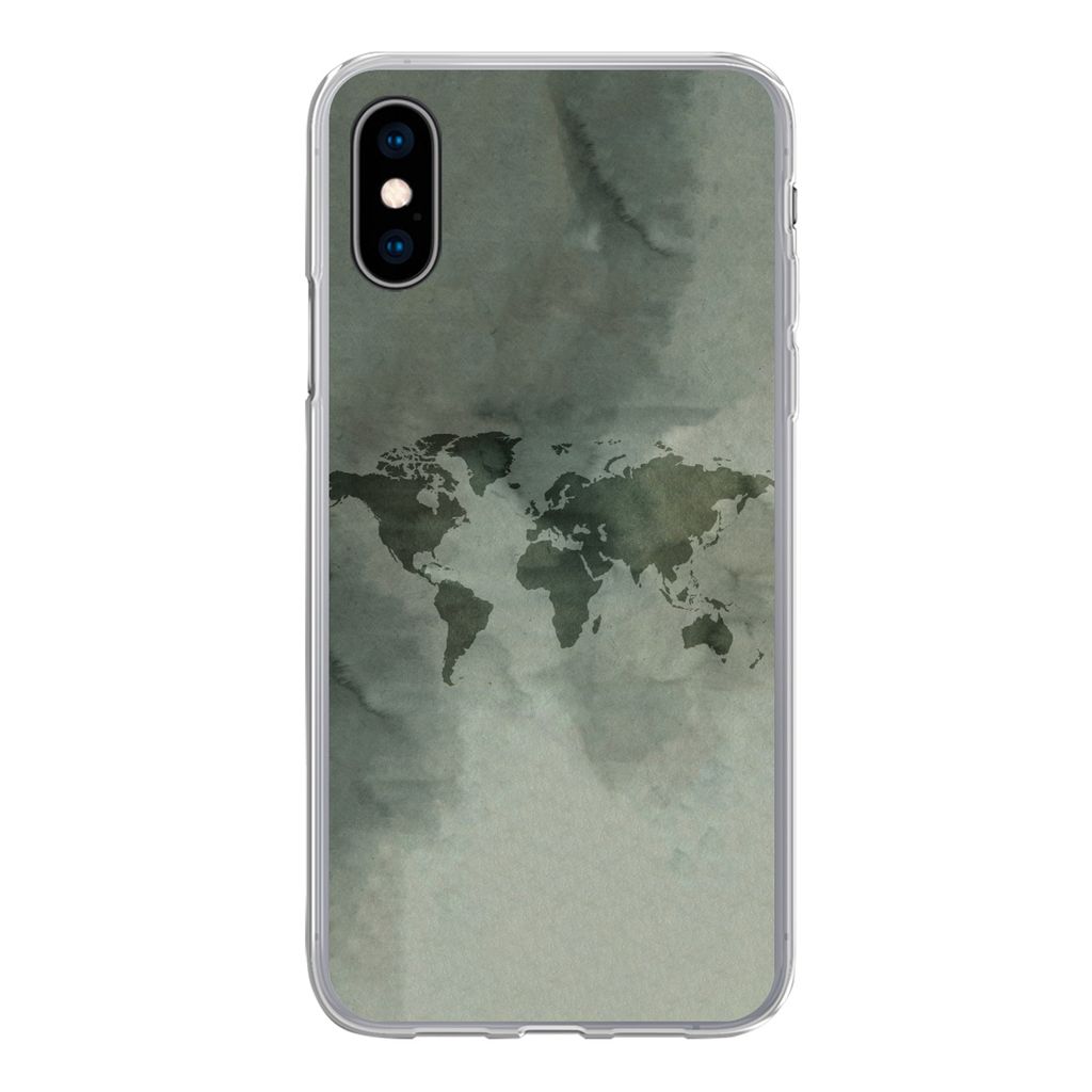 MuchoWow Handyhülle Schutzhülle Hülle für iPhone X Weltkarte - Grün - Grau Silikon Softcase Handy Hülle - Handyhülle