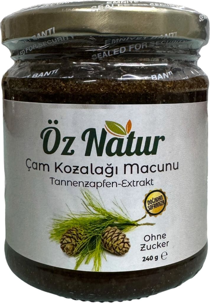 A jar of pine cone extract paste on a white background.