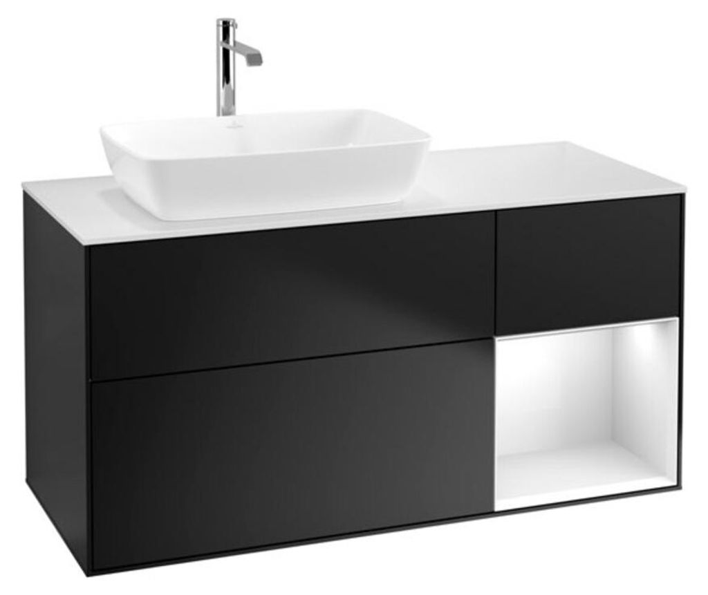V&B Waschtischunterschrank Wandbeleuchtung Finion 120cm, Pl w m, Rg glo wh. Lac, bla m Lac