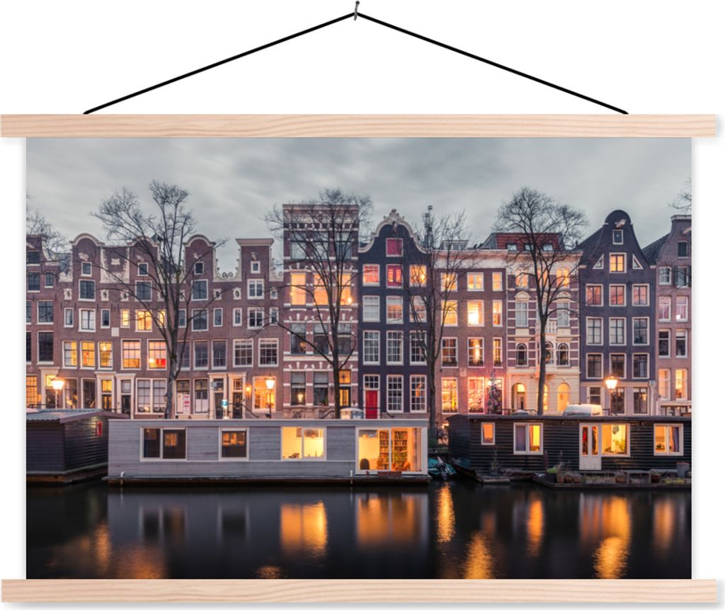 MuchoWow Textilposter Licht - Haus - Amsterdam 120x80 cm mit holzfarbenen Rahmen - Aufhängeset