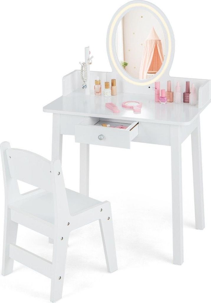 A white children's vanity table and chair set with a lighted mirror.