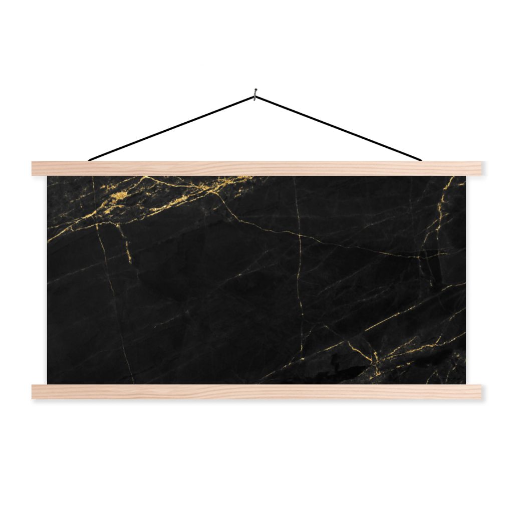 MuchoWow Textilposter Marmor - Schwarz - Gold - Chic - Marmoroptik - Design 120x60 cm mit holzfarbenen Rahmen - Klemmleiste