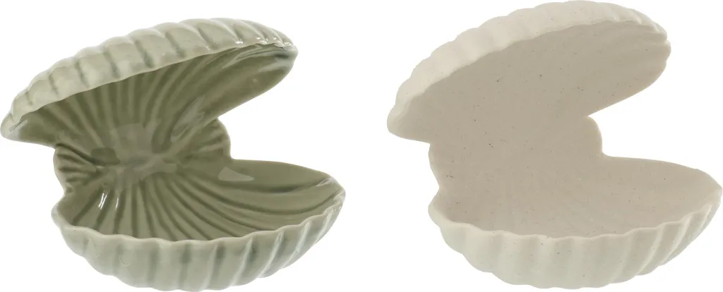 J-Line Coquillage Ouvert en Grès Blanc et Olive Assorti 2 Pièces