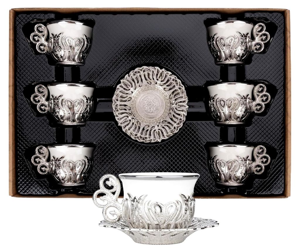 Türkisches Kaffeetassen-Set aus weißem Porzellan und Zinkmetall mit türkischen Motiven, 6 Tassen und Untertassen (Silber)