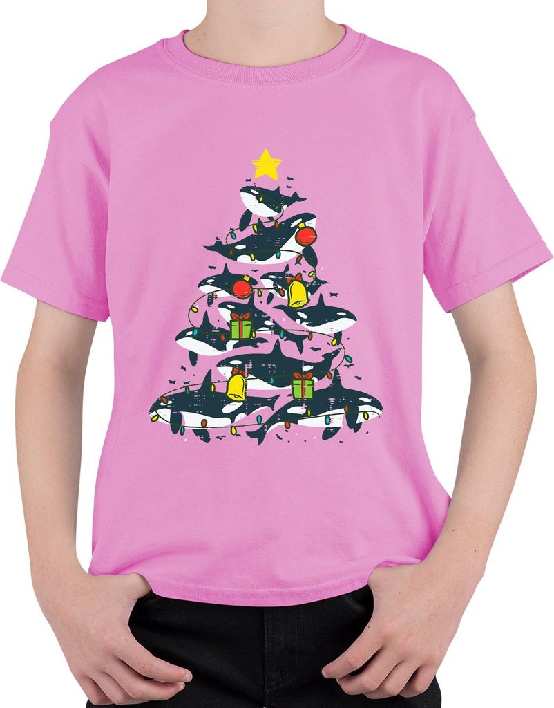 Orca Weihnachtsbaum Killerwal Lichterkette Geschenke Glocken Uni Kinder T-Shirt, Pink, 116