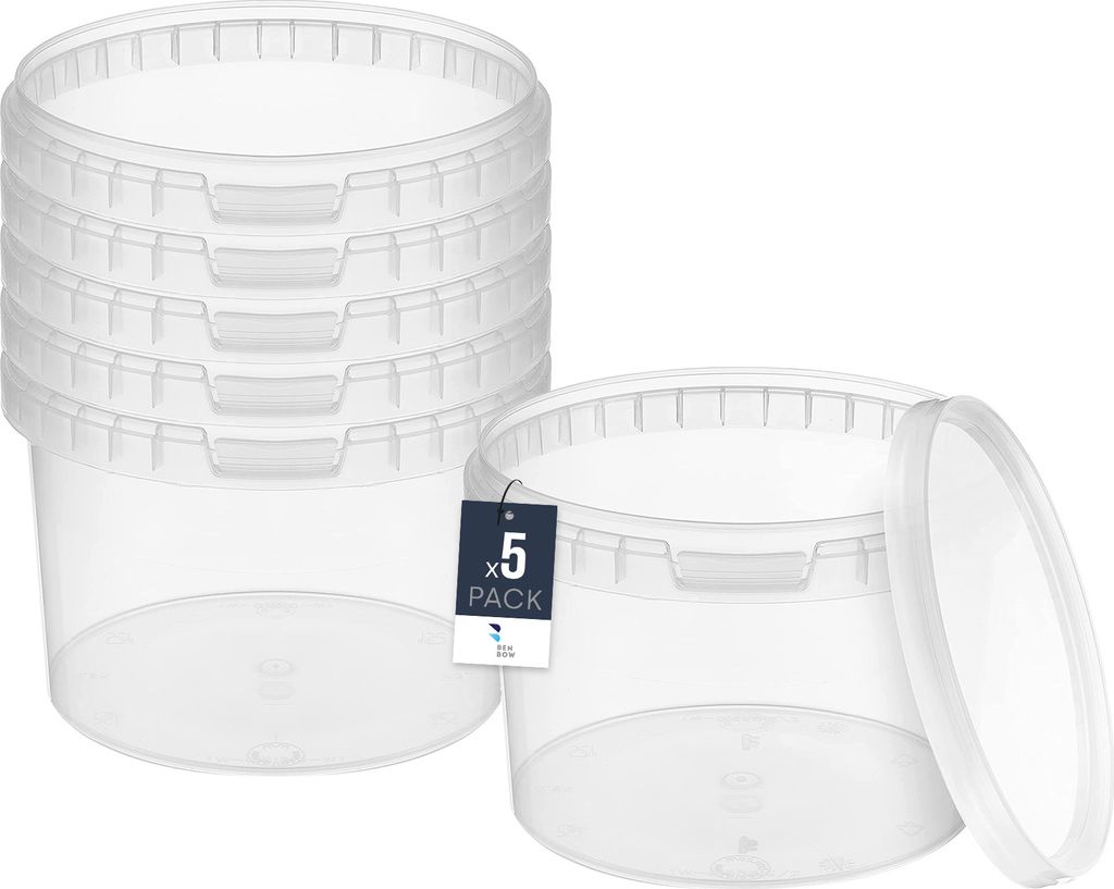BenBow Eimer mit Deckel 20L x5 Transparent - lebensmittelecht, stabil, luftdicht, auslaufsicher, geruchsneutral - Plastikeimer mit Henkel - leer