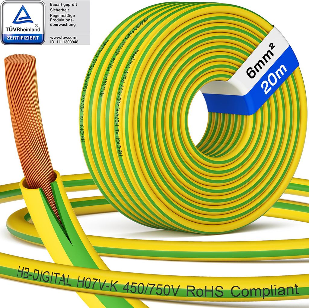 hb-digital PVC Aderleitung 20m H07V-K Erdungskabel 6mm2 flexibel für PV Anlagen Verdrahtungsleitung 6mm2 grün-gelb