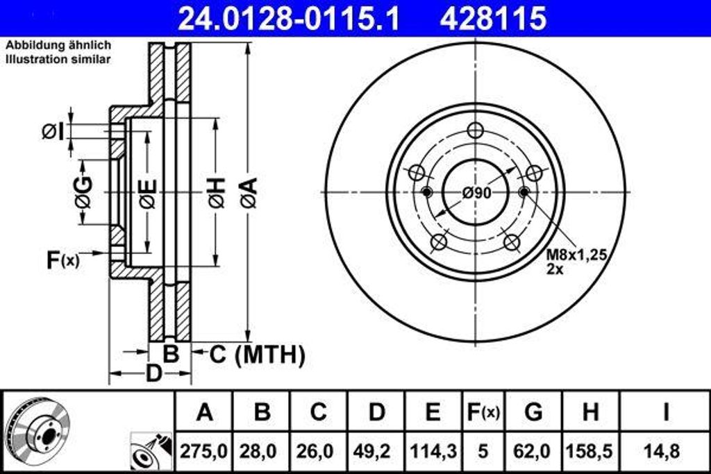 ATE 24.0128-0115.1 Bremsscheibe OE 4351233040 kompatibel mit Avensis, Camry, Previa