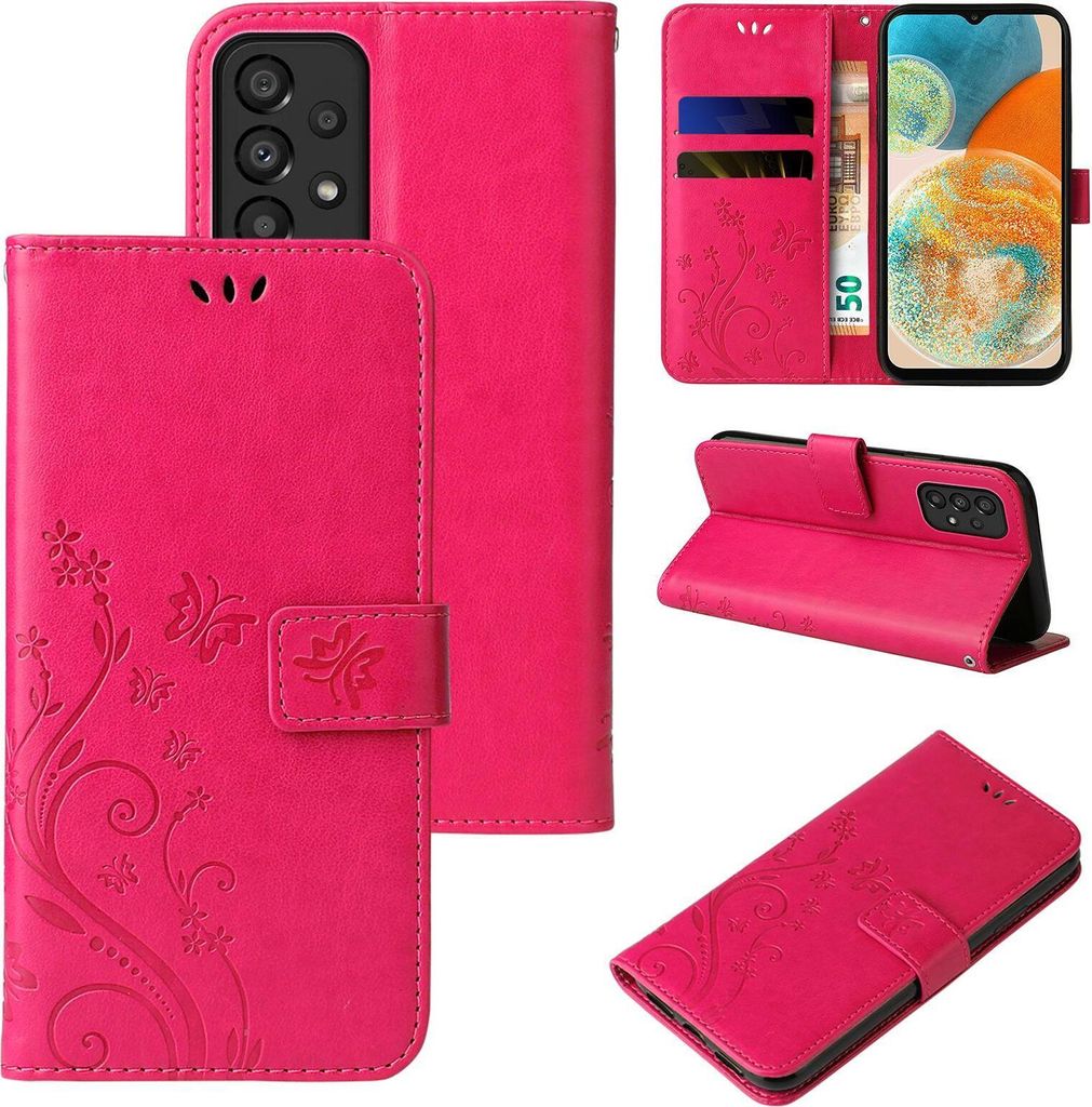 Handyhülle für Samsung Galaxy A23 5G Floral Blumen Schmetterling Flip Cover Hülle Case Klapphülle Handytasche Farbe: Pink