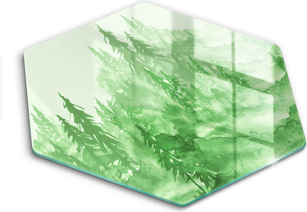 Glasschneideplatte - Herdabdeckplatte - Hexagon 40 cm -Schneidebrett - Spritzschutz - Bemalten Wald
