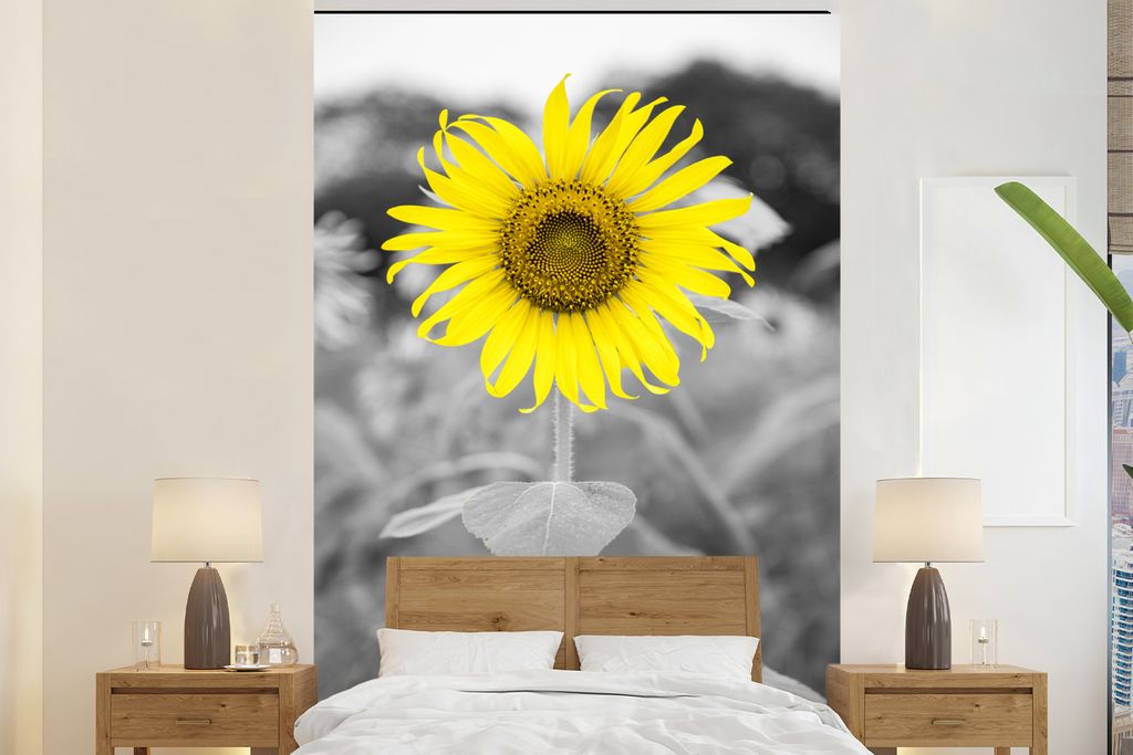 MuchoWow Fototapete für Wohnzimmer oder Schlafzimmer Wandtapete Vinyl Motivtapete Blumen - Sonnenblume - Gelb - Schwarz - Weiß - 160x240 cm - V...