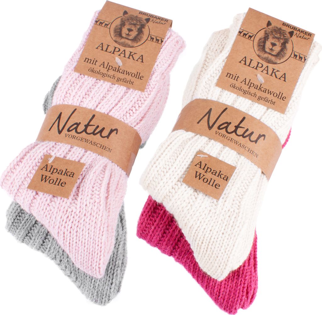 BRUBAKER 4 Paar Alpaka Socken mit Alpakawolle - Wintersocken Set für Damen und Herren, Rosa, Beige, Grau und Pink, 39-42